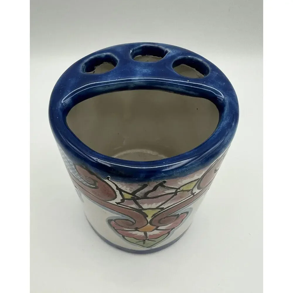 Talavera Mexican Art Pottery Hand Painted Toothbrush Holder Blue w Flowers 4.25”